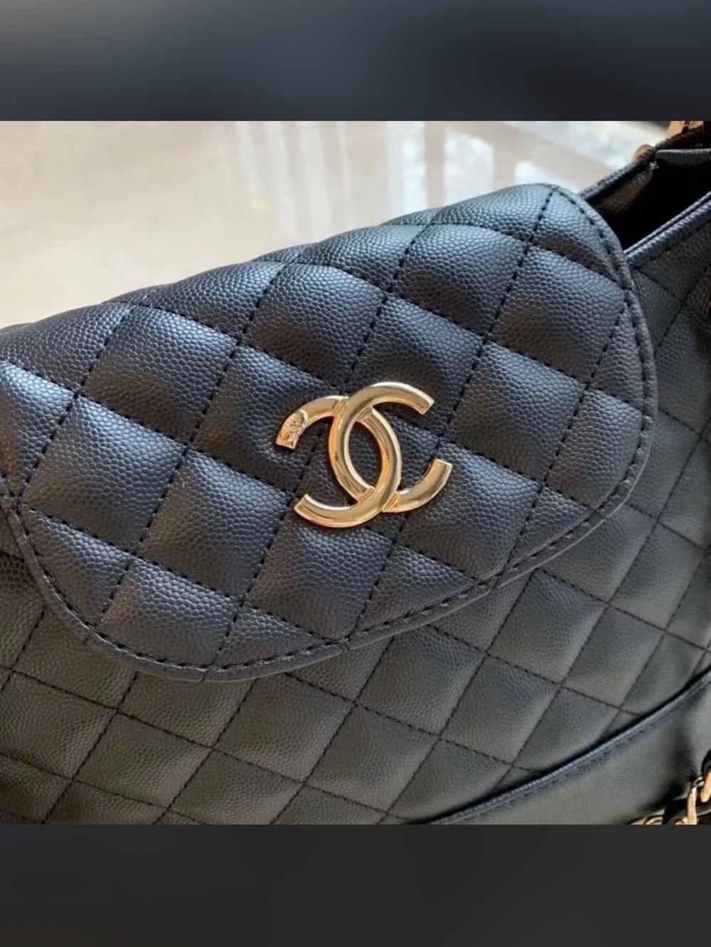 GWP CHANEL Black Quilted Leather Shoulder Bag with Gold Lettering Strap. - Picture 5 of 7
